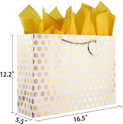 Bobobag 2 Pack 16.5" Extra Large Gift Bags with Tissue Paper for Presents (Gold Polka dot)