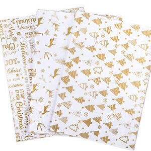 whaline christmas gold gift tissue wrap paper set, 120 sheets xmas tree, reindeer, snowflake design for holiday wrapping paper diy and craft, 14″ x 20″
