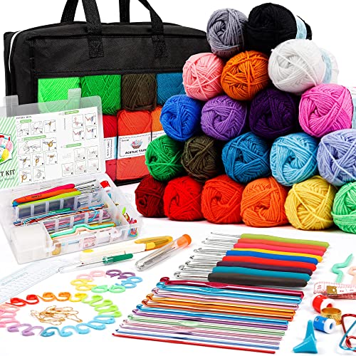 20 Large Acrylic Yarn Skeins-105 PCS Crochet Kit with Hooks Yarn Set, Premium Bundle Includes 2000 Yards Yarn Balls, Needles, Accessories, Ideal Starter Pack for Kids Adults Beginner Professionals