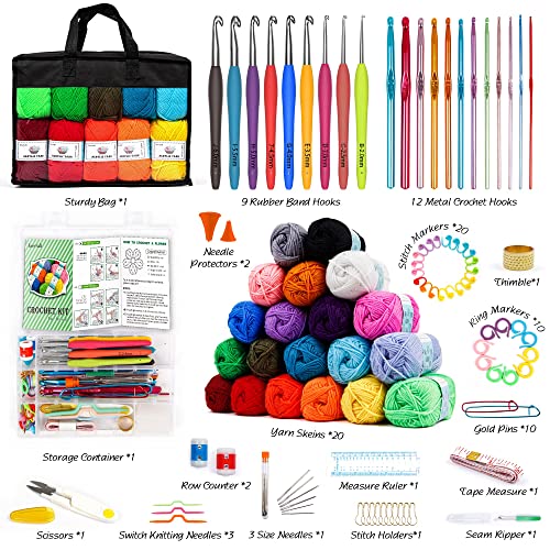 20 Large Acrylic Yarn Skeins-105 PCS Crochet Kit with Hooks Yarn Set, Premium Bundle Includes 2000 Yards Yarn Balls, Needles, Accessories, Ideal Starter Pack for Kids Adults Beginner Professionals