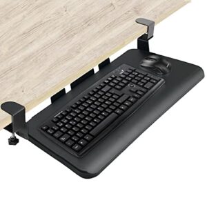 large keyboard tray under desk，sturdy c clamp mount system,26.3″ x 11″ slide-out computer keyboard drawer，fits full size keyboard and mouse,for home or office|for desks up to 1.5″,black…