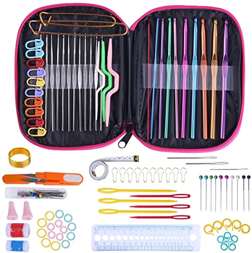 AFSTEE 109Pcs Crochet Hooks Set, Knitting Supplies Crochet Kit for Beginners with Case, Multicolor Aluminum Ergonomic Yarn Knitting Needles Sewing Tools Crochet Accessories