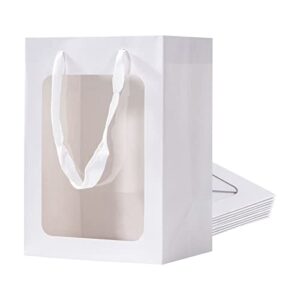 sdootjewelry gift bag with window, 10pcs white paper tote with transparent window, 9.8″ x 5.1″ x 7.0″transparent bouquet gift bags with handle, kraft paper gift bags with transparent window