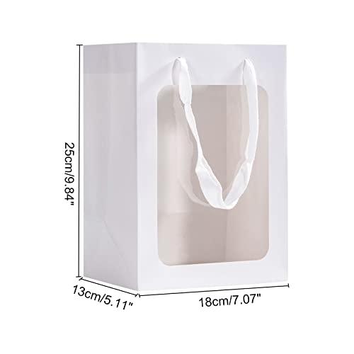 Sdootjewelry Gift Bag with Window, 10pcs White Paper Tote with Transparent Window, 9.8" x 5.1" x 7.0"Transparent Bouquet Gift Bags With Handle, Kraft Paper Gift Bags with Transparent Window