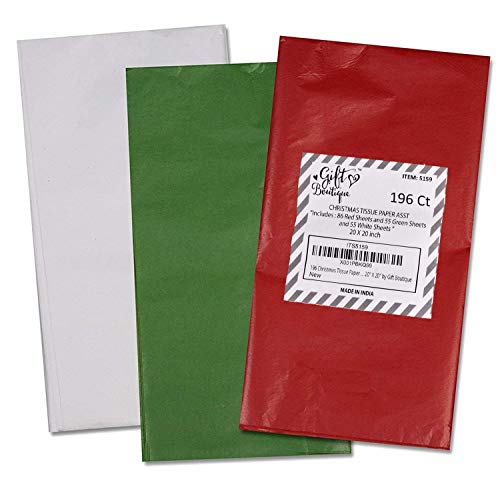 Gift Boutique 196 Christmas Tissue Paper Bulk Holiday Wrapping Sheets 20" x 20" Red Green and White Assorted 86 Red, 55 Green and 55 White Sheet
