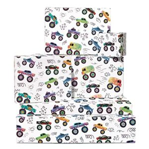 central 23 boy birthday wrapping paper – monster trucks – 6 sheets birthday gift wrap – for son grandson nephew – for holiday christmas – comes with stickers