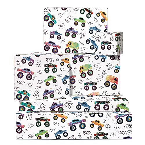 CENTRAL 23 Boy Birthday Wrapping Paper - Monster Trucks - 6 Sheets Birthday Gift Wrap - For Son Grandson Nephew - For Holiday Christmas - Comes With Stickers