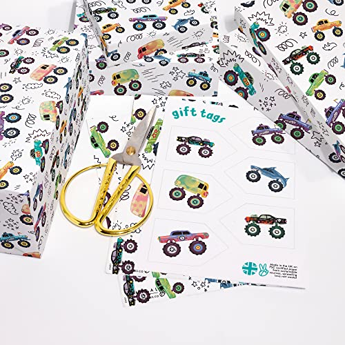 CENTRAL 23 Boy Birthday Wrapping Paper - Monster Trucks - 6 Sheets Birthday Gift Wrap - For Son Grandson Nephew - For Holiday Christmas - Comes With Stickers