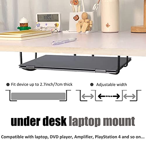 Under Desk Laptop Mount, Under Desk Shelf Bracket Compatible with Devices Tall Maximum 2.7”, Aluminum Under Desk Laptop Holder Stand Tray for Laptop, MacBook, Keyboard, Modem, Playstation 4 & More