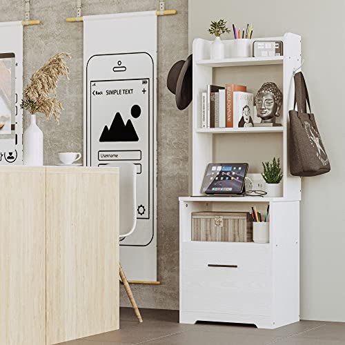 IRONCK File Cabinet with Bookshelf and Power Outlet, Vertical Filing Cabinet for Letter/Legal/A4/A3 Size File, Large Printer Stand with Open Storage Shelves