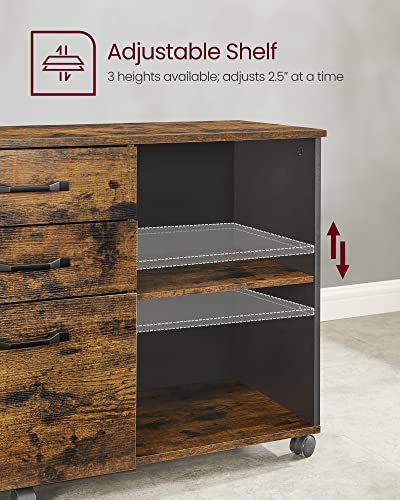 VASAGLE Lateral File Cabinet, Home Office Printer Stand, with 3 Drawers and Open Storage Shelves, for A4, Letter-Size Documents, Rustic Brown + Black