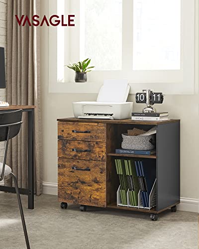 VASAGLE Lateral File Cabinet, Home Office Printer Stand, with 3 Drawers and Open Storage Shelves, for A4, Letter-Size Documents, Rustic Brown + Black