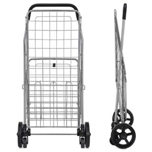 Wellmax Shopping Cart with Wheels, Metal Grocery Cart with Wheels, Shopping Carts for Groceries, Folding Cart for Convenient Storage and Holds Up to 66lbs, Dual Swivel Wheels and Extra Basket, Silver