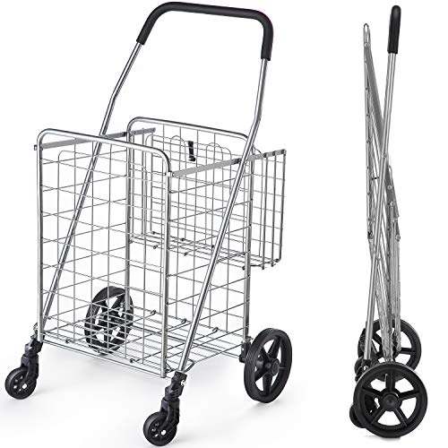 Wellmax Shopping Cart with Wheels, Metal Grocery Cart with Wheels, Shopping Carts for Groceries, Folding Cart for Convenient Storage and Holds Up to 66lbs, Dual Swivel Wheels and Extra Basket, Silver