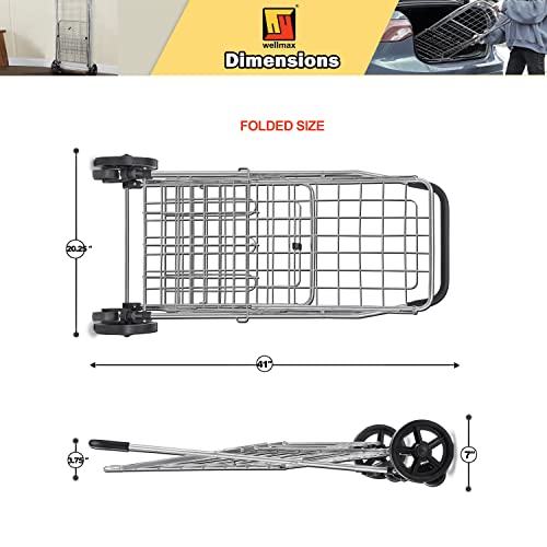 Wellmax Shopping Cart with Wheels, Metal Grocery Cart with Wheels, Shopping Carts for Groceries, Folding Cart for Convenient Storage and Holds Up to 66lbs, Dual Swivel Wheels and Extra Basket, Silver