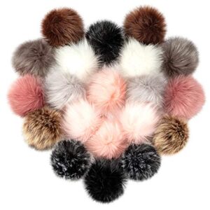 20 pcs faux fur pom poms for hats – 4 inch fluffy pom poms with elastic loop for diy crafts, removable knitting accessories for shoes scarves gloves bags keychains (10 color-dark)