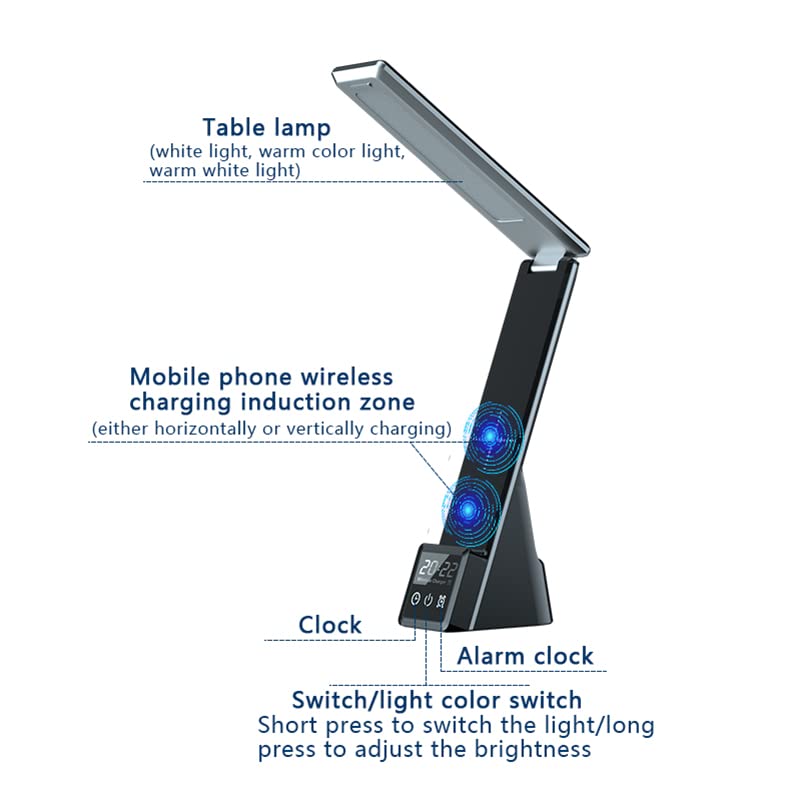 LumiCharge Smart Desk Lamp - LED Desk Lamp with Wireless Charger, USB Charging Port, Digital Clock Display, Alarm, 3 Light Modes - Compatible with iWatch, iPhone & Airpods - Foldable Table Desk Lamp