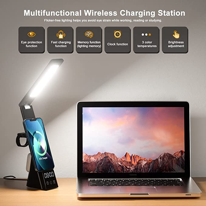 LumiCharge Smart Desk Lamp - LED Desk Lamp with Wireless Charger, USB Charging Port, Digital Clock Display, Alarm, 3 Light Modes - Compatible with iWatch, iPhone & Airpods - Foldable Table Desk Lamp