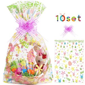 wedosoy 10 pack easter basket bags, large cellophane bags, 22×32 inches cello basket bags easter eggs bunny wrap bags with 10 pieces pull bow, cellophane wrapping for gift packaging party decorations
