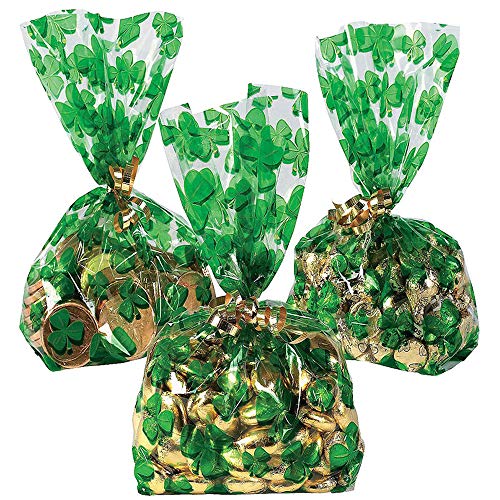 100PCS St Patrick's Day Shamrock Cellophane Bags Party Favors - Saint Patrick's Day Lucky Shamrock Clover Cellophane Bags for Irish Party Decorations Supplies