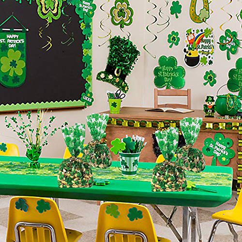 100PCS St Patrick's Day Shamrock Cellophane Bags Party Favors - Saint Patrick's Day Lucky Shamrock Clover Cellophane Bags for Irish Party Decorations Supplies