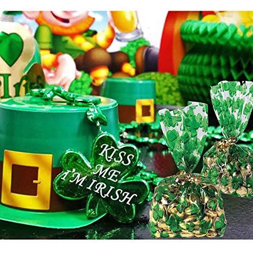 100PCS St Patrick's Day Shamrock Cellophane Bags Party Favors - Saint Patrick's Day Lucky Shamrock Clover Cellophane Bags for Irish Party Decorations Supplies