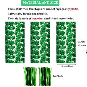 100PCS St Patrick's Day Shamrock Cellophane Bags Party Favors - Saint Patrick's Day Lucky Shamrock Clover Cellophane Bags for Irish Party Decorations Supplies