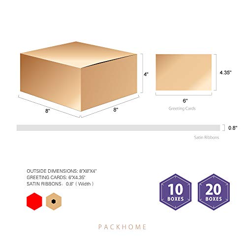 PACKHOME 10 Gold Gift Boxes 8x8x4 Inches, Bridesmaid Boxes, Paper Gift Boxes with Lids for Gifts, Crafting, Cupcake Boxes, with Greeting Cards and Satin Ribbons Glossy with Grass Texture