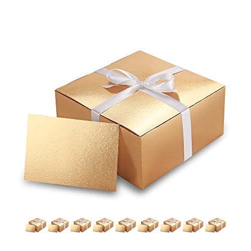 PACKHOME 10 Gold Gift Boxes 8x8x4 Inches, Bridesmaid Boxes, Paper Gift Boxes with Lids for Gifts, Crafting, Cupcake Boxes, with Greeting Cards and Satin Ribbons Glossy with Grass Texture