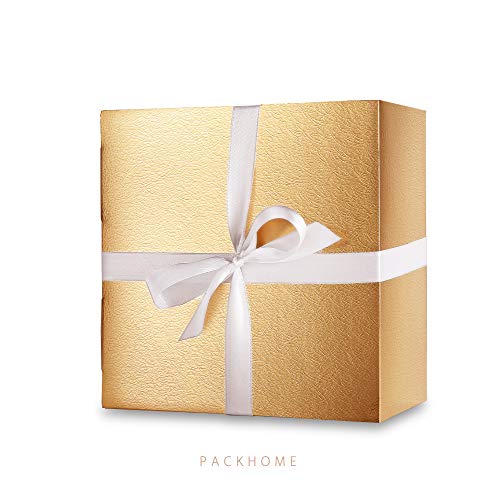 PACKHOME 10 Gold Gift Boxes 8x8x4 Inches, Bridesmaid Boxes, Paper Gift Boxes with Lids for Gifts, Crafting, Cupcake Boxes, with Greeting Cards and Satin Ribbons Glossy with Grass Texture