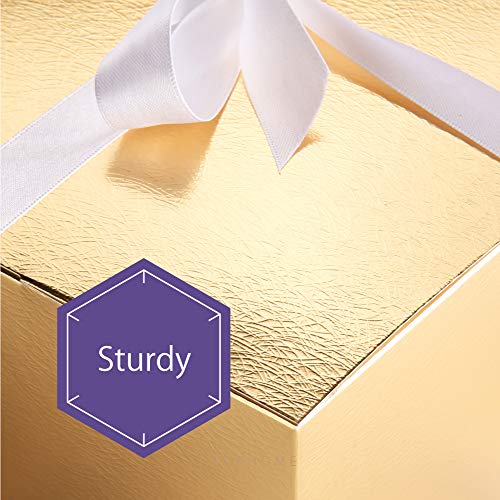 PACKHOME 10 Gold Gift Boxes 8x8x4 Inches, Bridesmaid Boxes, Paper Gift Boxes with Lids for Gifts, Crafting, Cupcake Boxes, with Greeting Cards and Satin Ribbons Glossy with Grass Texture