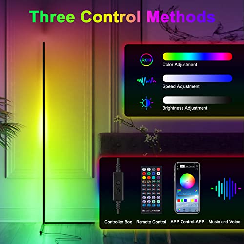 WITHINSAFE Corner Floor Lamp - RGB Color Changing Mood Lighting Lamp - 56.7" Dimmable Music and Voice Sync Bluetooth App and Remote Control LED Corner Light for Living Room, Bedroom