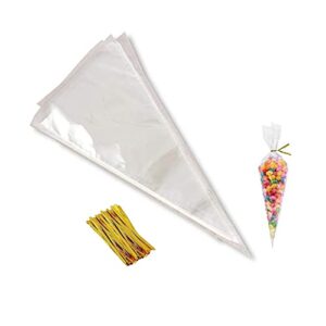 dzrige 100 pieces transparent cone bags,clear triangle bags,plastic cone bags with gold twist ties,plastic treat bags for easter christmas party favor,wedding,cookies,candy,chocolates,popcorn,craft gifts – 5.1″ x 9.8″