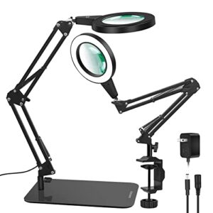 nakoos magnifying glass with light and stand, 8x real glass 2-in-1 magnifying desk lamp & clamp, touch control 3 modes stepless dimmable led lighted magnifier for crafting repair diy hobby close work