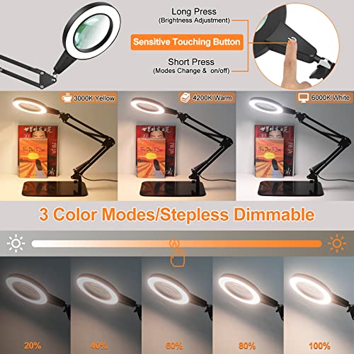 NAKOOS Magnifying Glass with Light and Stand, 8X Real Glass 2-in-1 Magnifying Desk Lamp & Clamp, Touch Control 3 Modes Stepless Dimmable LED Lighted Magnifier for Crafting Repair DIY Hobby Close Work