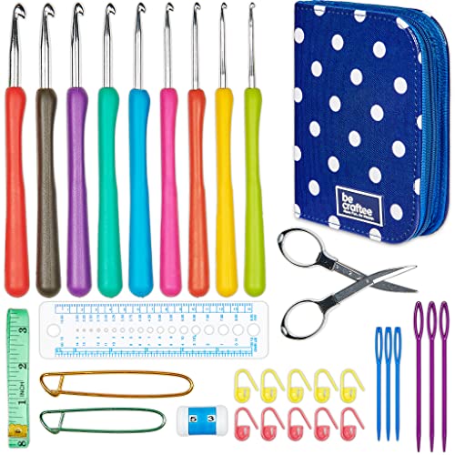 BeCraftee Crochet Hooks Kit - 31 Piece Set with 9 Ergonomic Hook Sizes, 6 Yarn Needles, Additional Knitting & Crochet Supplies and Carrying Case﻿