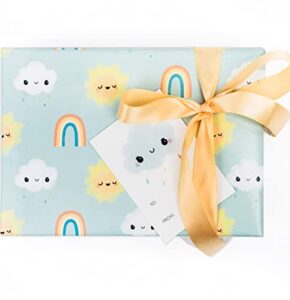 baby shower wrapping paper set with ribbon and tags – baby gift wrap bundle – perfect for gender neutral baby gift – rainbow wrapping paper gift set w/ qty. 3 sheets 27” x 39” folded baby gift wrap (3) + 3 meters of yellow ribbon & 3 cloud baby gift tags