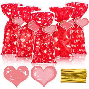whaline 160pcs valentine’s day cellophane bags with 40pcs gift tags 4 design red cello bag with twist tie love heart bear lip goodie candy treat bags party favor bags for wedding anniversary supplies