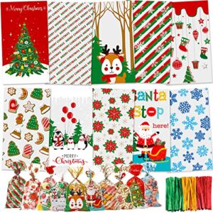 moretoes 170pcs christmas candy treat bags, christmas cellophane bags for christmas party goodie supplies 10 assorted styles santa sleigh pattern with 180pcs twist ties