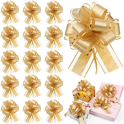 30 Pieces Christmas Gold Bows Large Gift Wrapping Pull Bows Ribbon Pull Bows Gift Bows for Xmas Holiday Decoration Baskets Gift Present(Gold)