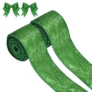 2 rolls st. patrick’s day green glitter ribbon for gift wrapping, green shiny curling wired edge ribbon for christmas tree wreath diy crafts home party holiday decoration, 2.5″ x 10 yd x 2 / green