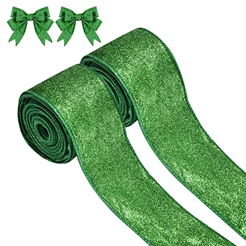 2 Rolls St. Patrick's Day Green Glitter Ribbon for Gift Wrapping, Green Shiny Curling Wired Edge Ribbon for Christmas Tree Wreath DIY Crafts Home Party Holiday Decoration, 2.5" x 10 Yd x 2 / Green