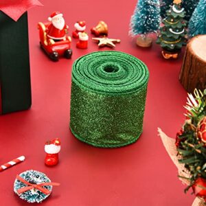 2 Rolls St. Patrick's Day Green Glitter Ribbon for Gift Wrapping, Green Shiny Curling Wired Edge Ribbon for Christmas Tree Wreath DIY Crafts Home Party Holiday Decoration, 2.5" x 10 Yd x 2 / Green