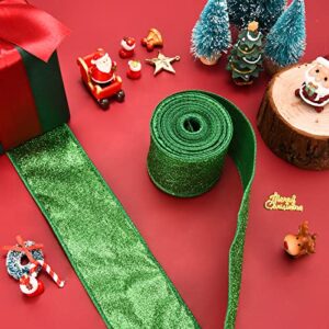 2 Rolls St. Patrick's Day Green Glitter Ribbon for Gift Wrapping, Green Shiny Curling Wired Edge Ribbon for Christmas Tree Wreath DIY Crafts Home Party Holiday Decoration, 2.5" x 10 Yd x 2 / Green