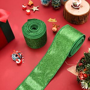 2 Rolls St. Patrick's Day Green Glitter Ribbon for Gift Wrapping, Green Shiny Curling Wired Edge Ribbon for Christmas Tree Wreath DIY Crafts Home Party Holiday Decoration, 2.5" x 10 Yd x 2 / Green