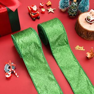 2 Rolls St. Patrick's Day Green Glitter Ribbon for Gift Wrapping, Green Shiny Curling Wired Edge Ribbon for Christmas Tree Wreath DIY Crafts Home Party Holiday Decoration, 2.5" x 10 Yd x 2 / Green