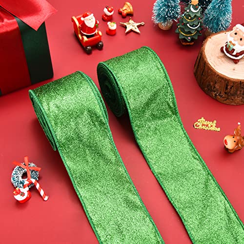 2 Rolls St. Patrick's Day Green Glitter Ribbon for Gift Wrapping, Green Shiny Curling Wired Edge Ribbon for Christmas Tree Wreath DIY Crafts Home Party Holiday Decoration, 2.5" x 10 Yd x 2 / Green