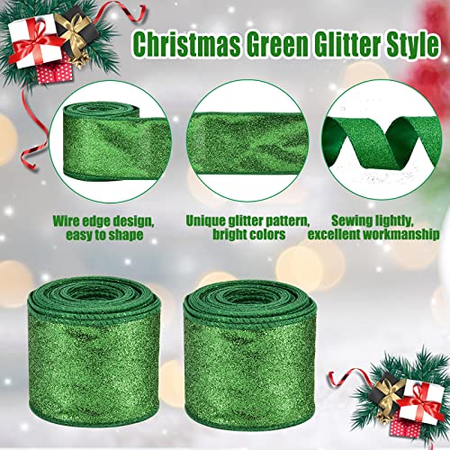 2 Rolls St. Patrick's Day Green Glitter Ribbon for Gift Wrapping, Green Shiny Curling Wired Edge Ribbon for Christmas Tree Wreath DIY Crafts Home Party Holiday Decoration, 2.5" x 10 Yd x 2 / Green