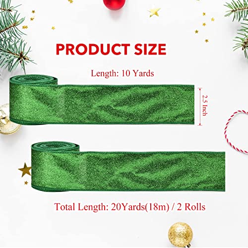 2 Rolls St. Patrick's Day Green Glitter Ribbon for Gift Wrapping, Green Shiny Curling Wired Edge Ribbon for Christmas Tree Wreath DIY Crafts Home Party Holiday Decoration, 2.5" x 10 Yd x 2 / Green