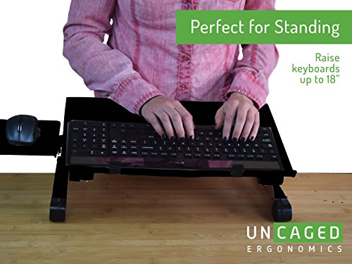 WorkEZ Keyboard and Mouse Tray ergonomic on-desk riser stand adjustable height angle negative tilt Raise computer keyboards to Standing Height sit stand-up standing accessories lift black